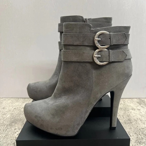 Shoes - Women's Gray Suede Ankle Booties with Double Buckle
